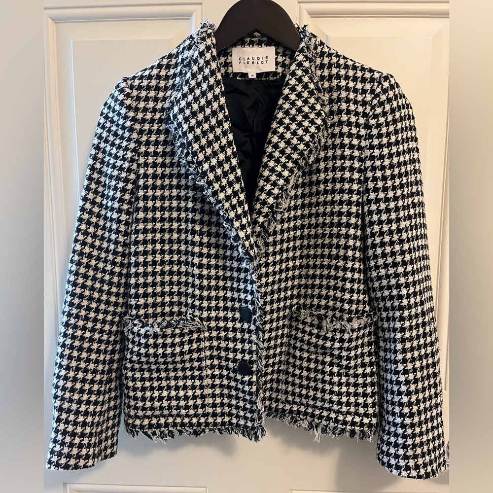 CLAUDIE PIERLOT PARIS Houndstooth Black White Leather Trim Blazer Jacket Small